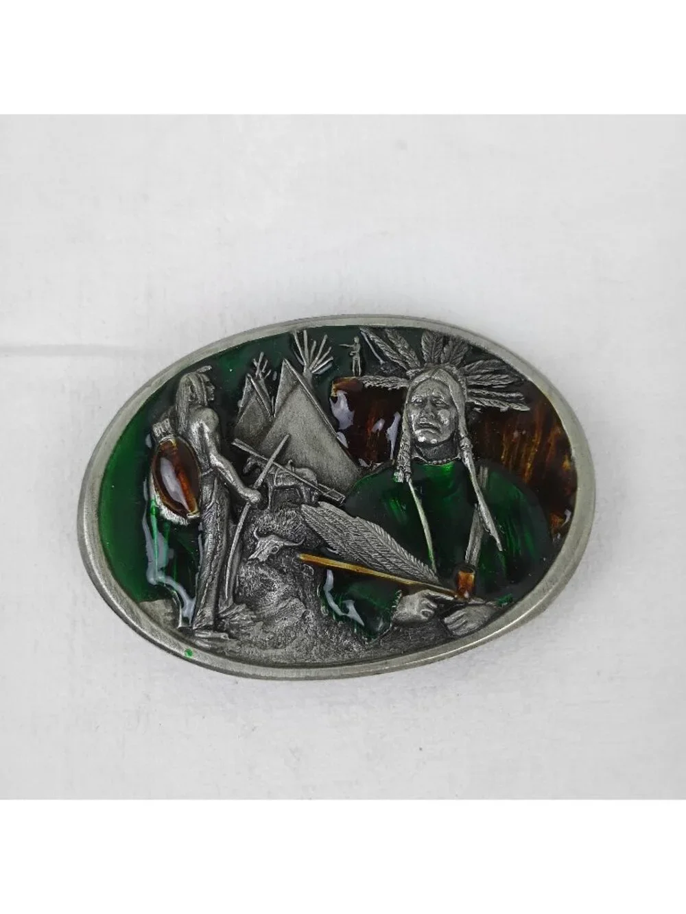 Vintage Bergamot Brass Works Belt Buckle Native Americans 1984 USA Enamel Pewter